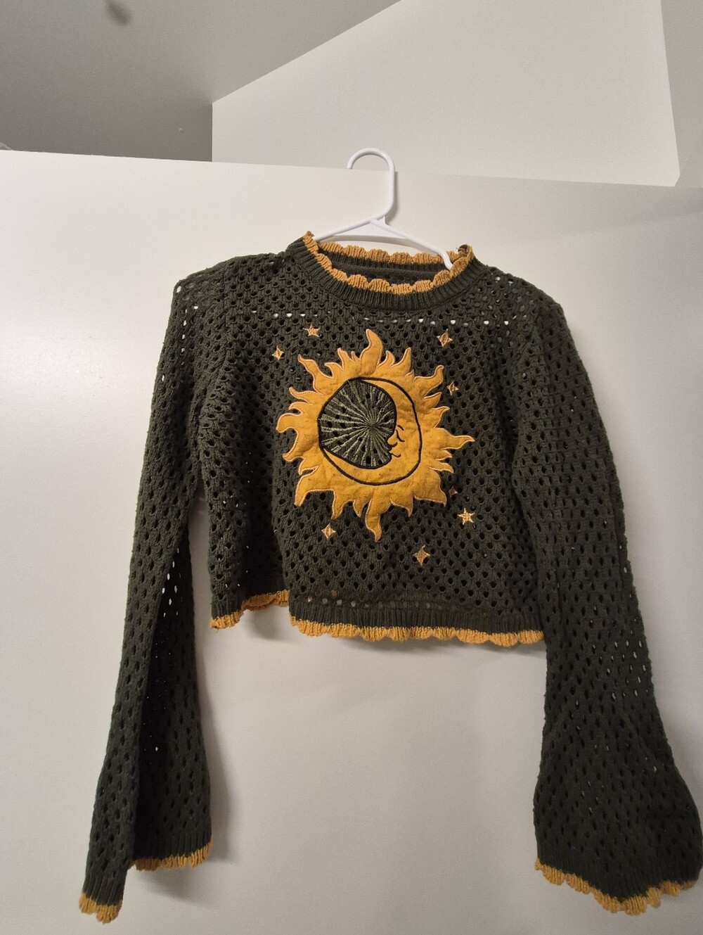 Olive Green Sun & Moon Crochet Sweater with Mustard Trim - Cider